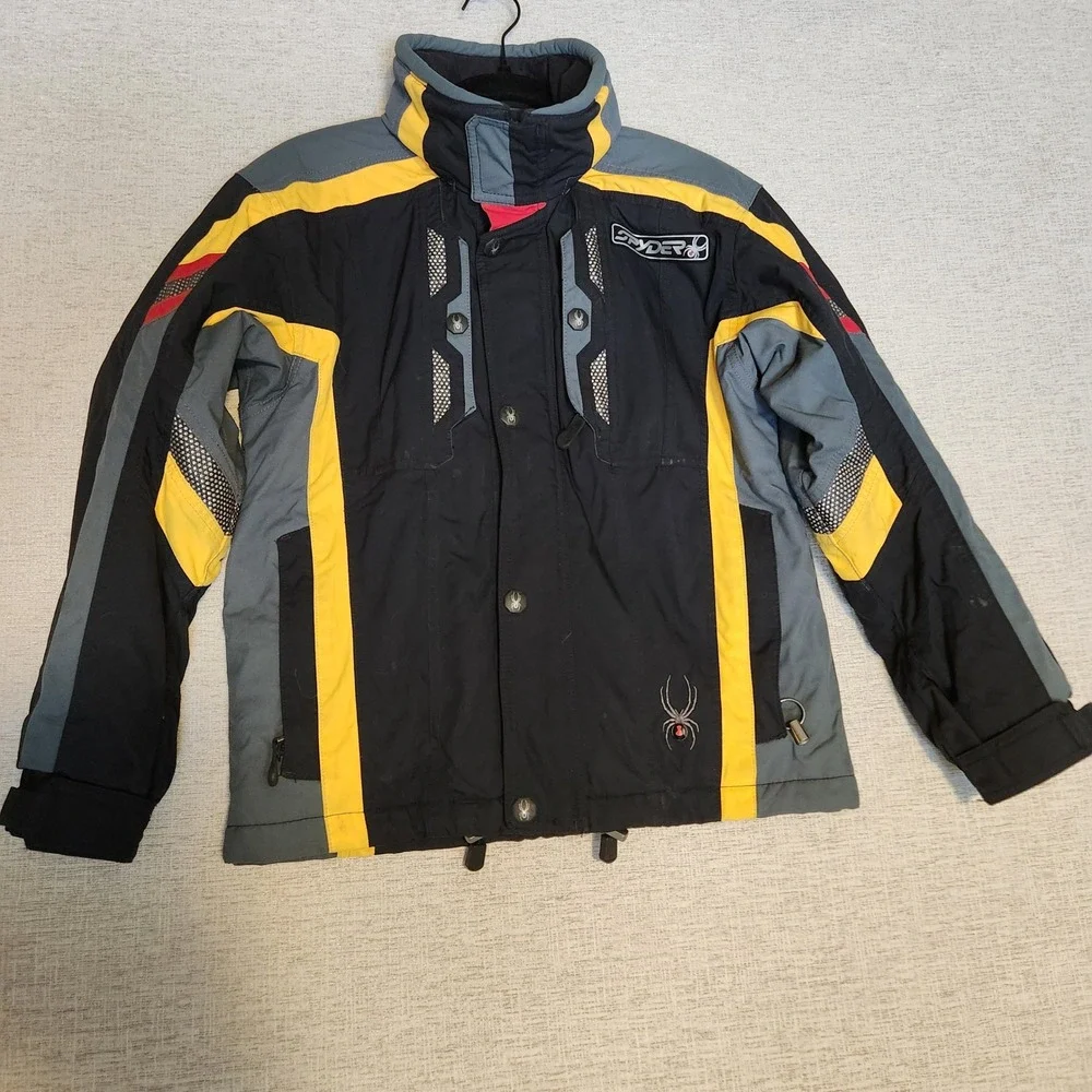 Spyder Ski Jacket Boys Size 12 Black Yellow Grey Insulated Hooded Winter Coat